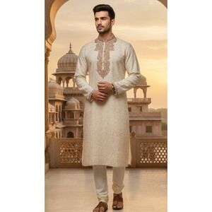 Ainit Ethnicwear Kurta Mens Elegant Cream Embroidered Indian Pakistani Size S/M?